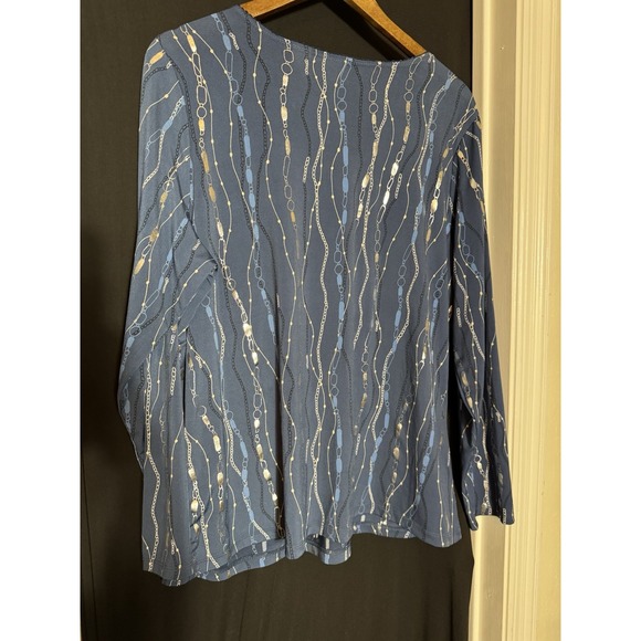 Emma James Nylon Top Blue Embellished 2X babydoll empire waist silver geometric - Picture 3 of 6